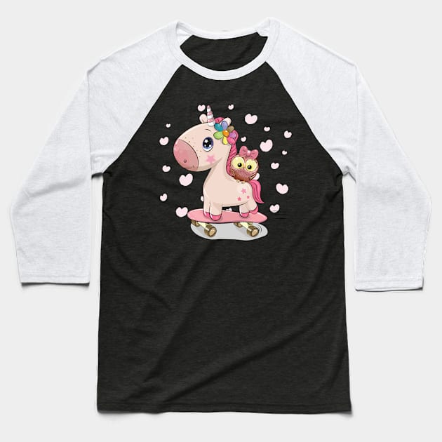 Cute pink little unicorn and owl on a skateboard Baseball T-Shirt by playmanko